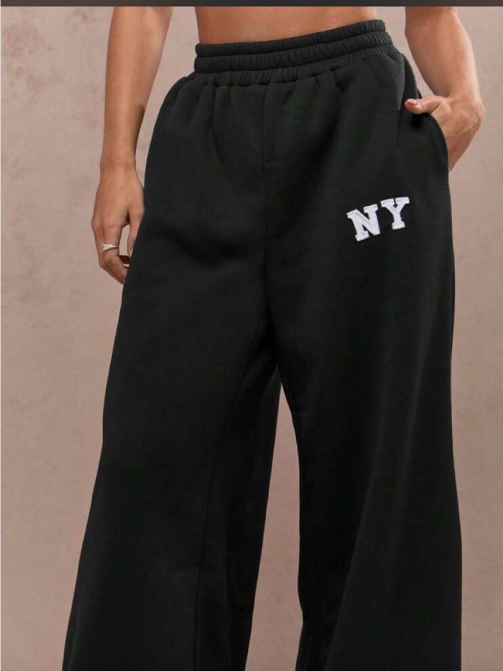 Missguided Black Wide Leg Sweatpants with NY Embroidery
